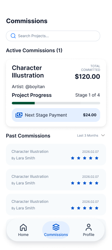 ArtFac active commission screen showing current stage, committed payment, next step, and project history