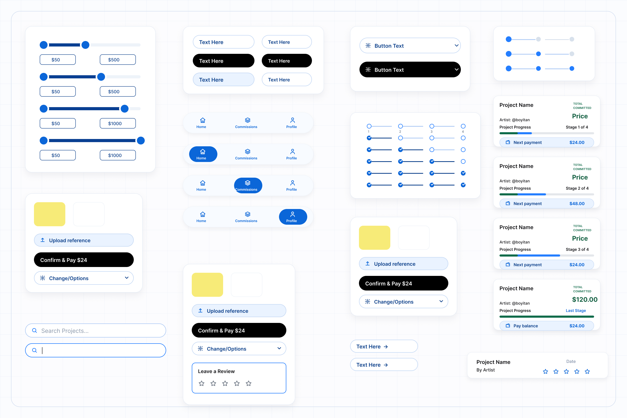 ArtFac reusable component library showing button states, bottom navigation states, search fields, progress steppers, payment actions, upload controls, and commission status cards