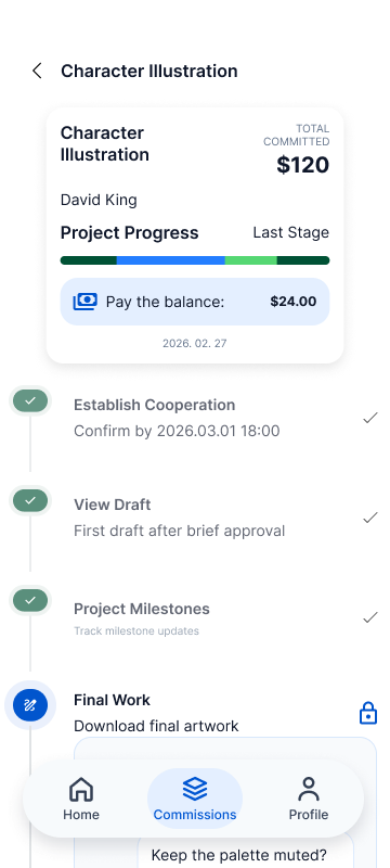 ArtFac final delivery screen showing balance payment, completed milestones, and final file handoff