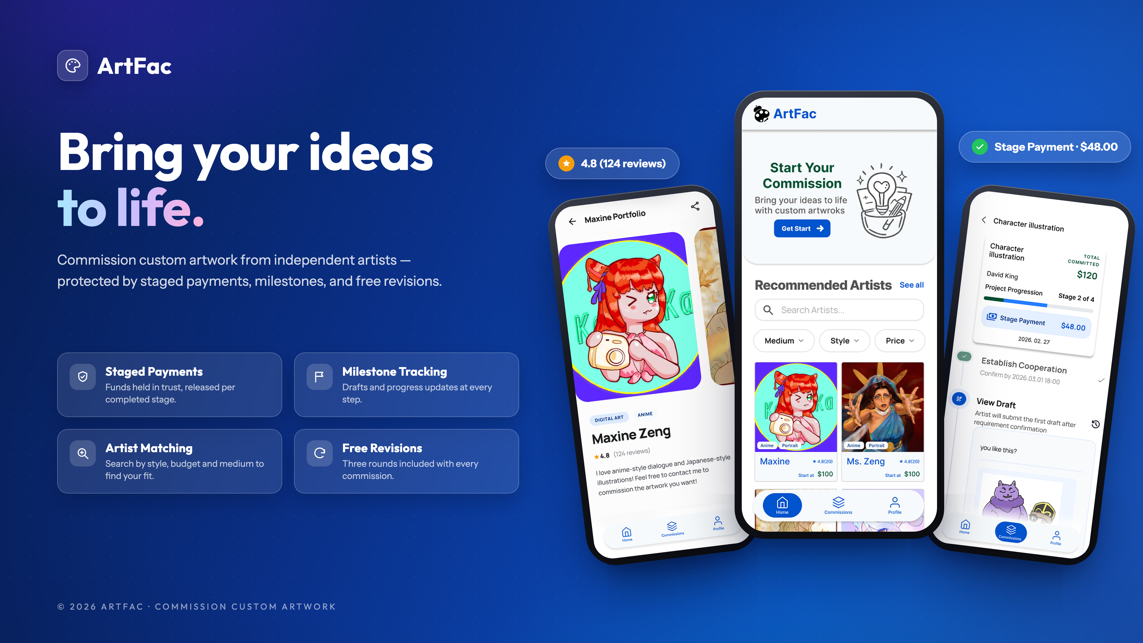 ArtFac mobile interface flow for the commission platform
