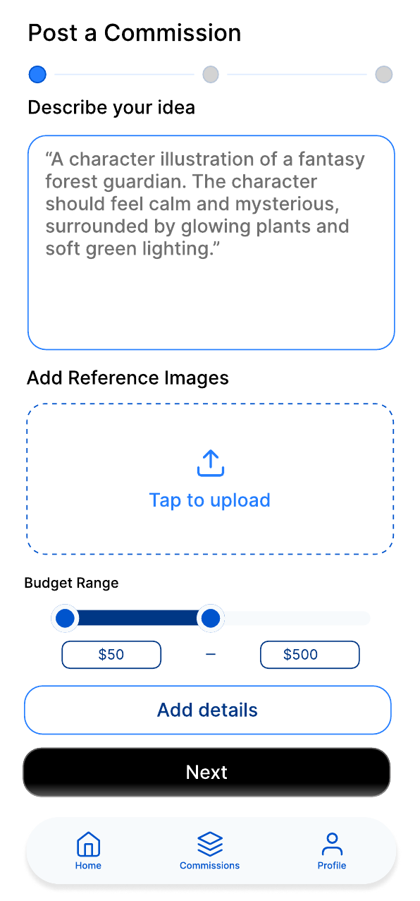 ArtFac post a commission screen with description, references, budget, and timeline