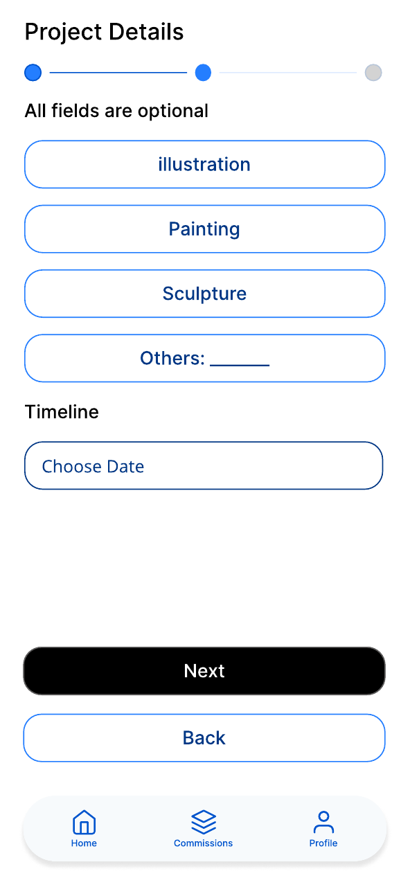 ArtFac mid-fi project details screen for choosing category and timeline