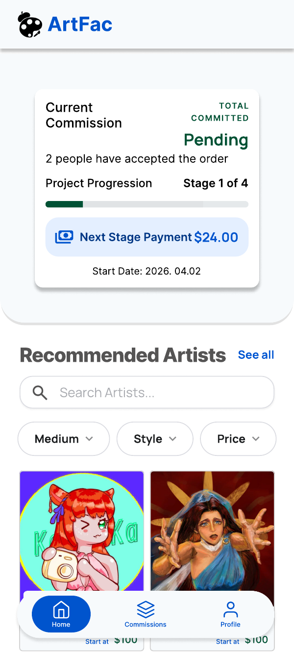 ArtFac recommendations screen showing current commission and recommended artists