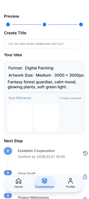 ArtFac request preview screen showing a reviewable commission brief before submission