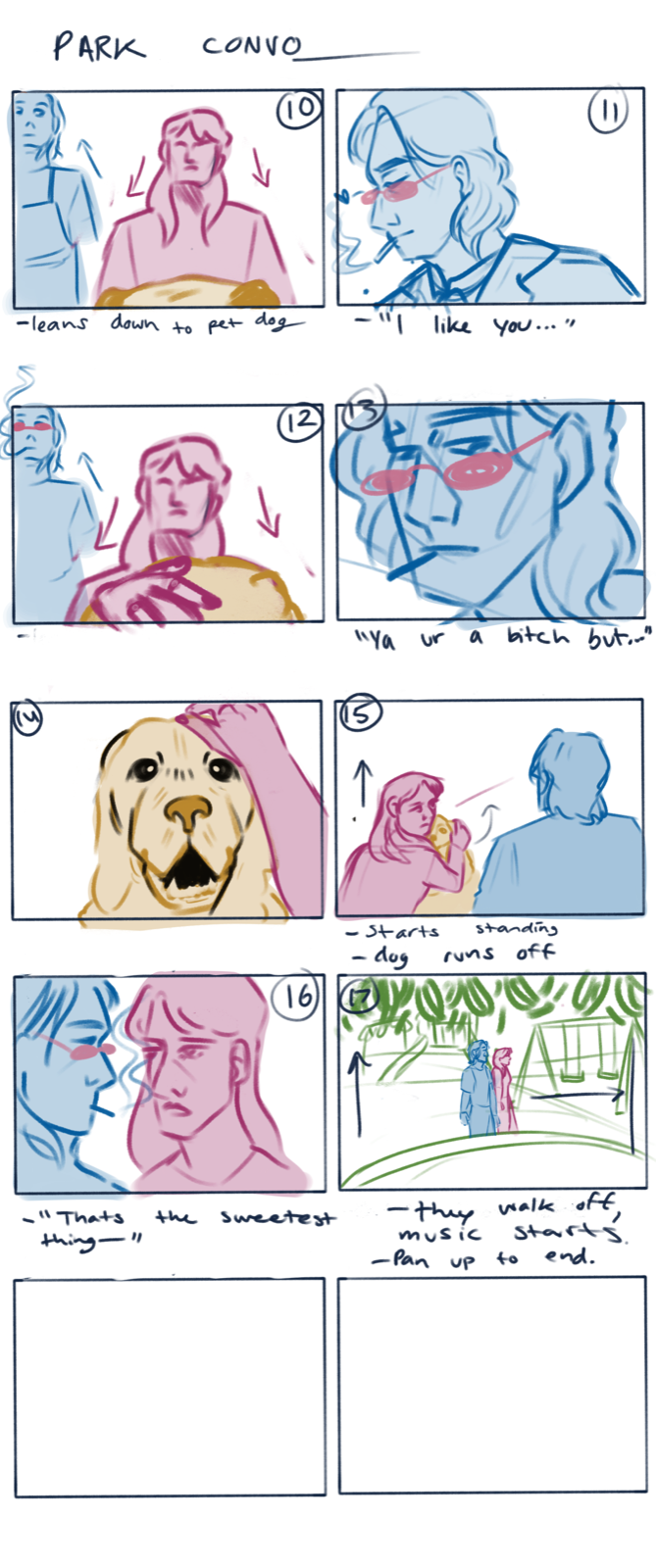 Done Before storyboard page continuing the park conversation with reactions and scene exit planning