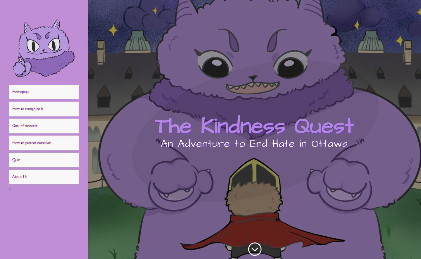 The Kindness Quest homepage showing the quest title, monster character, child hero, and module navigation