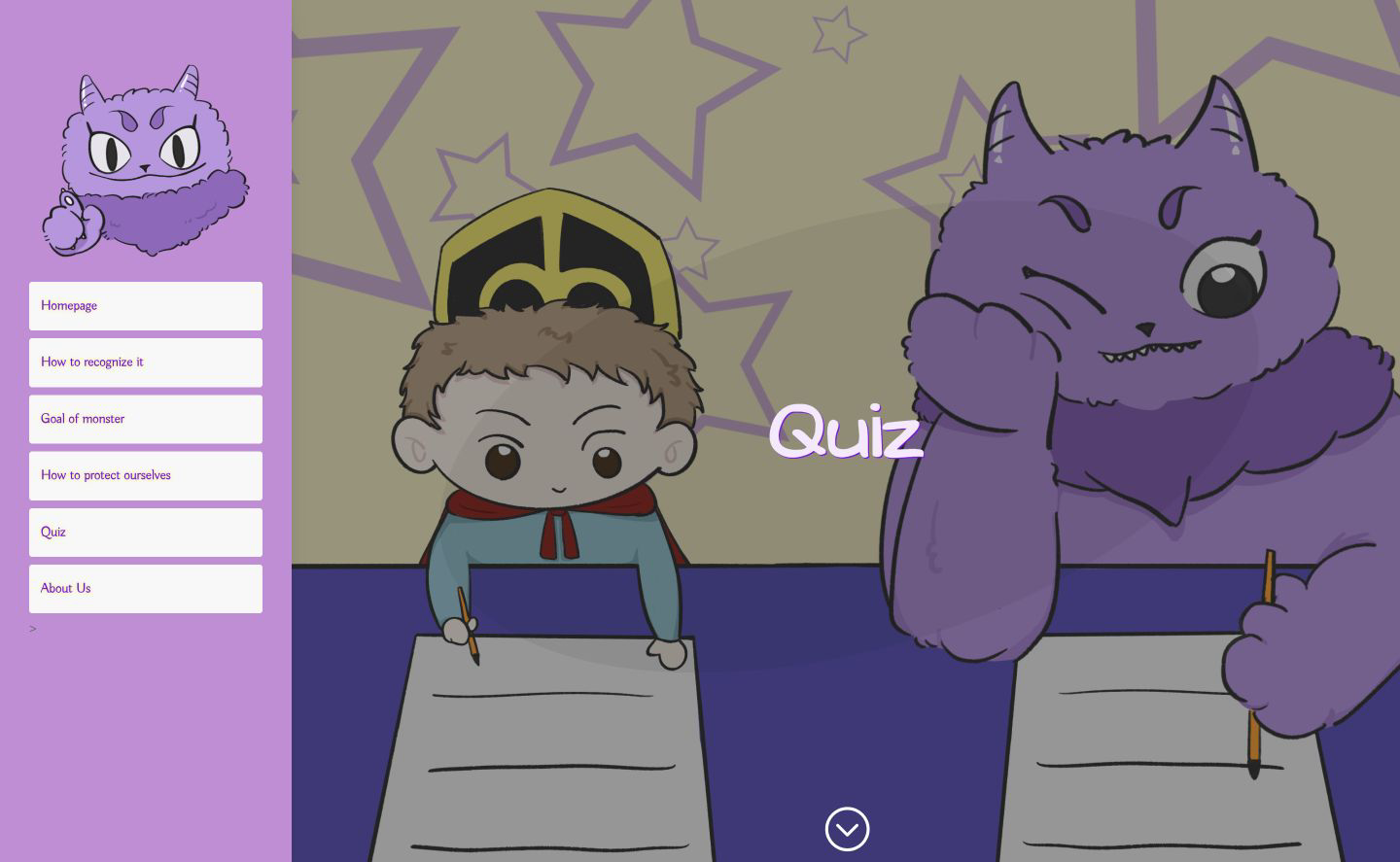 The Kindness Quest quiz page showing the child hero and Hate Monster in a classroom-like quiz scene