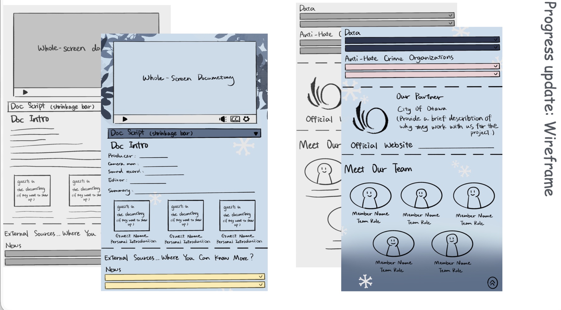 Wireframe progress update showing rough grayscale sketches evolving into blue visual wireframes