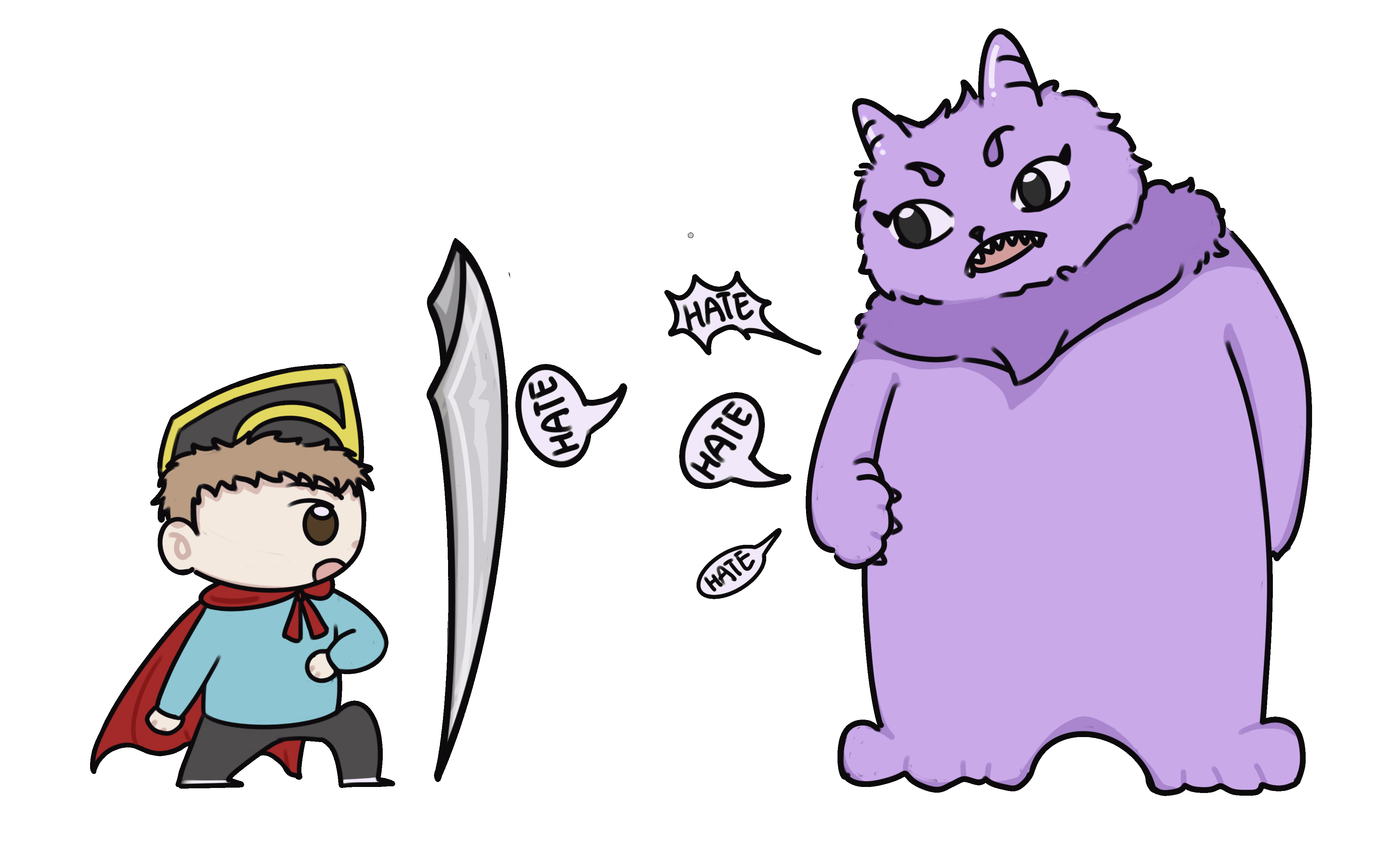 Early visual of the child hero facing the Hate Monster with hate speech bubbles between them