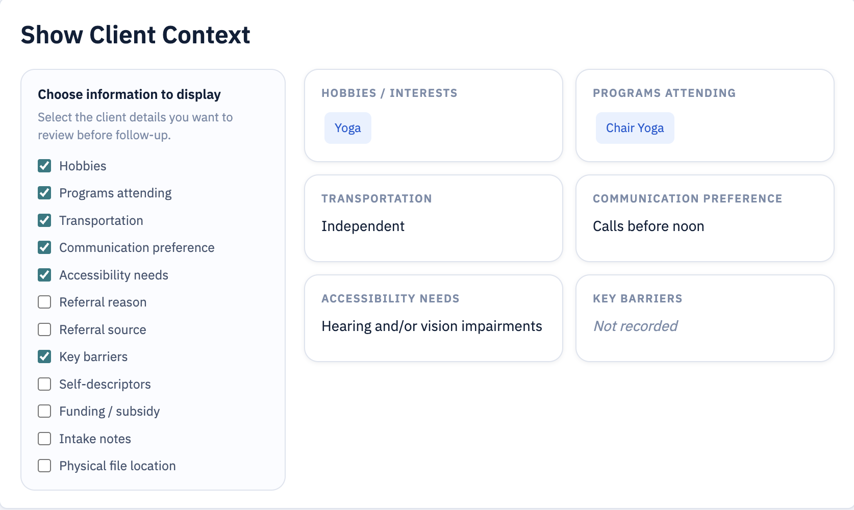 LinkLog client profile context filter for barriers preferences programs transportation and notes