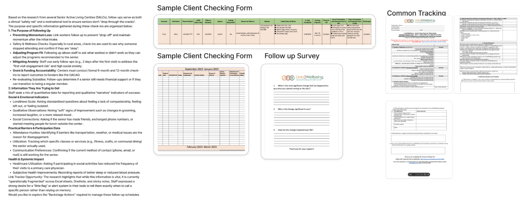 Cropped evidence showing current LinkLog source forms, sample checking forms, follow-up survey, and tracking materials