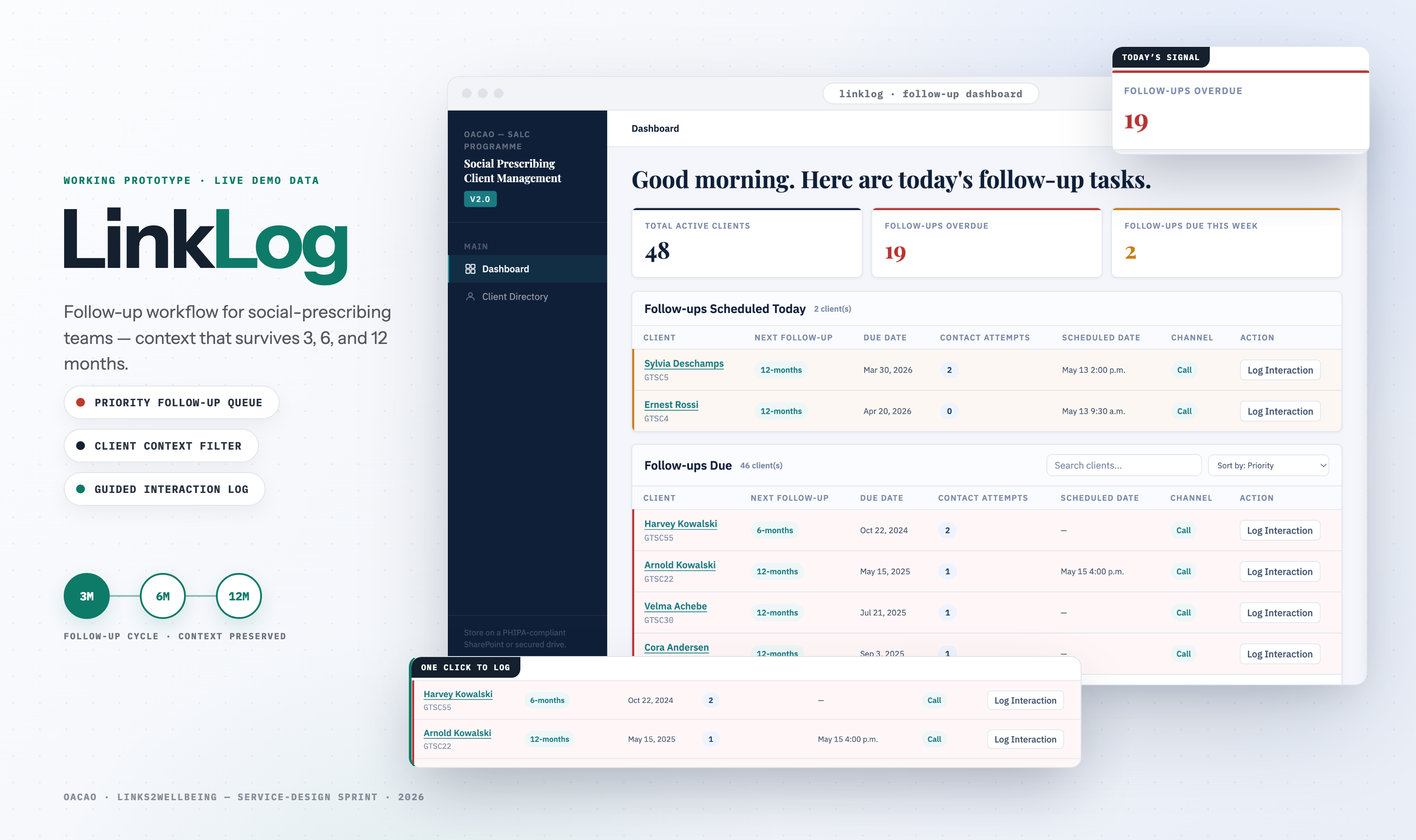 LinkLog product hero showing dashboard and client context screens
