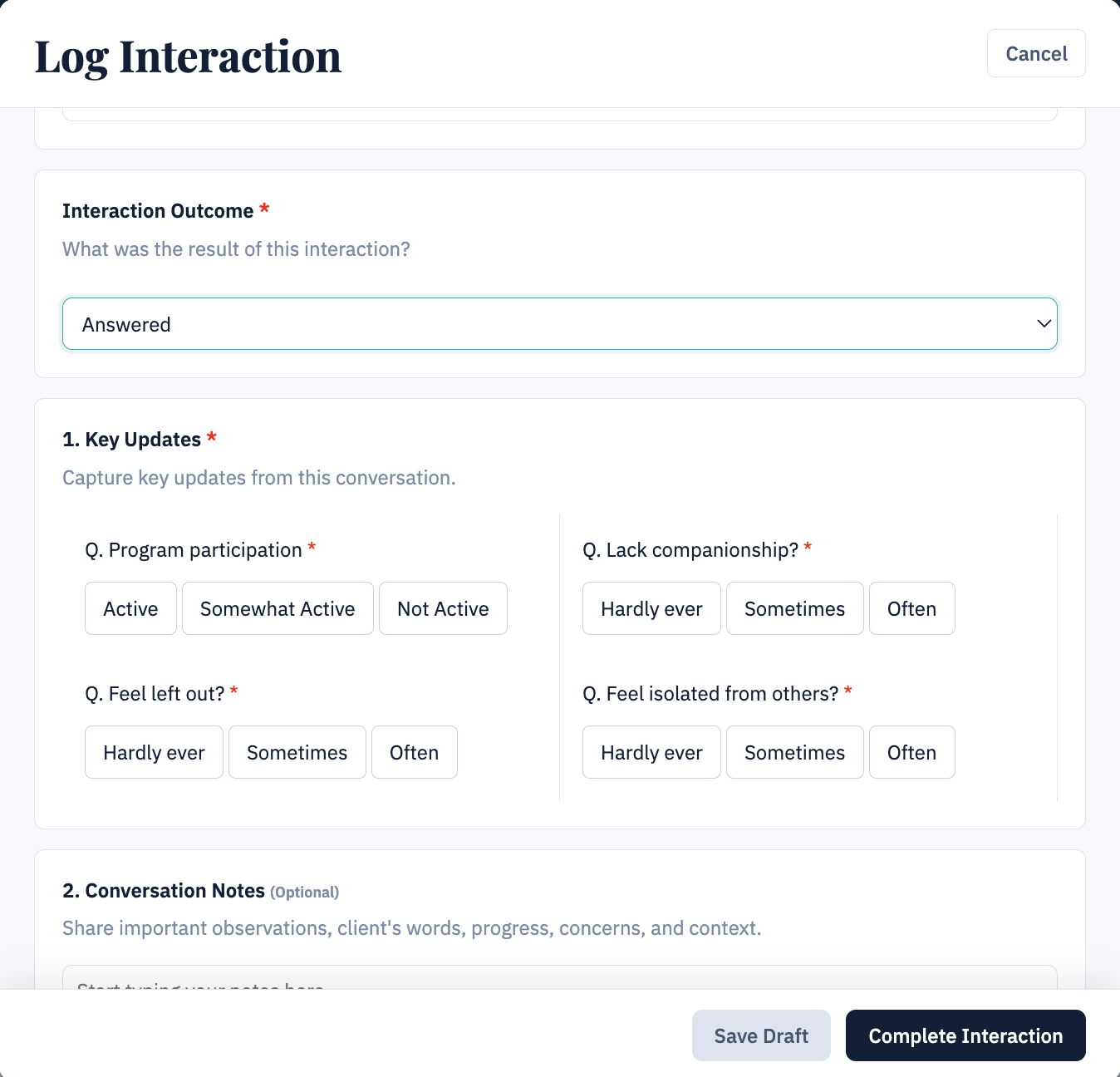 LinkLog interaction log screen with structured fields and notes